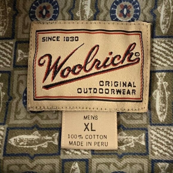 Woolrich Mens Outdoor Shirt Size XL Tan Cotton Fish Pattern Button Front Peru - Picture 4 of 6